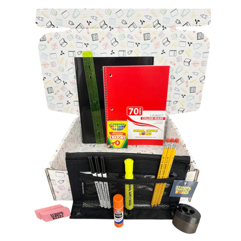 School Supply Boxes | Budget Saver Bundle | Back to School Essentials Kit for Students & Teachers | Includes Spiral Notebook, Crayons, Pens, Pencils, Glue & More