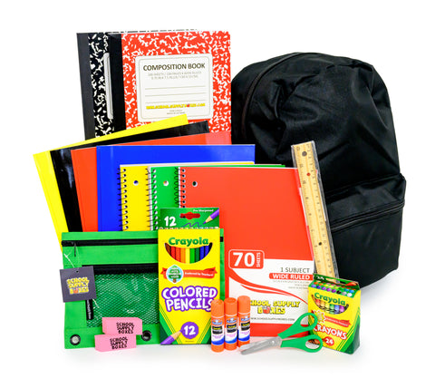 Paquete de mochila de 17" para la escuela primaria | Mochila de regreso a la escuela con suministros | Contiene crayones, lápices de colores, regla, pegamento que desaparece, cuaderno y más