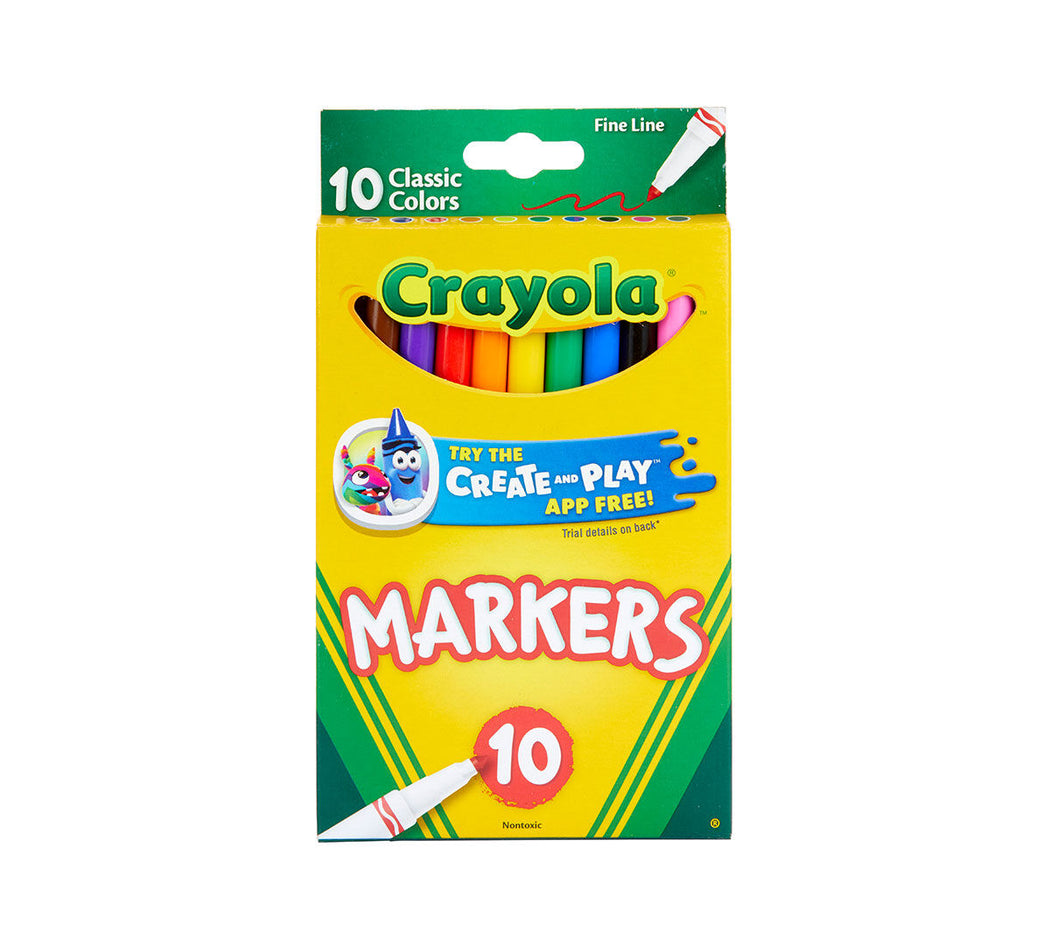 Crayola Classic Thin Line Marker Set, 10 Ct, Multi Colors, Back to School  Supplies for Kids